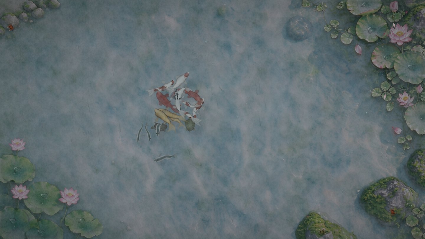 The complete rainy pond, with raindrop ripples and koi swimming between lotus leaves and a fishing stone