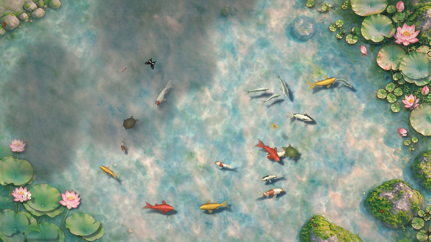 The complete sunny pond, with swimming koi, lotus leaves, and a fishing stone along the bank